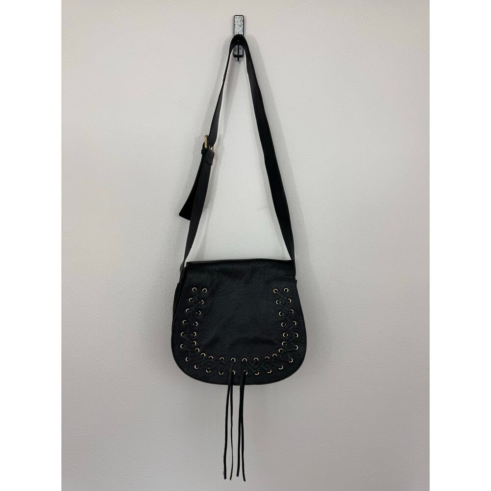 Black Leather Boho Saddle Crossbody Bag Fringe Lace Up